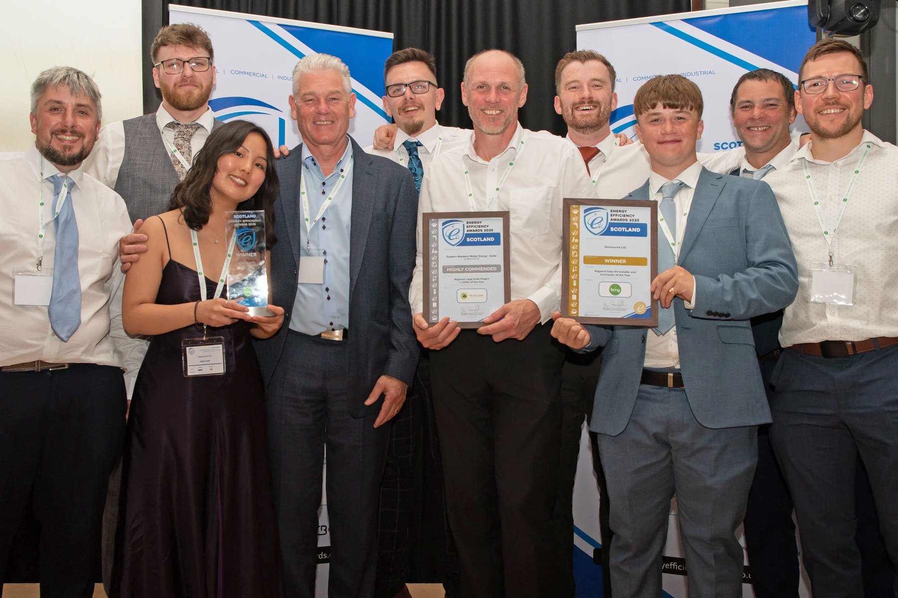 The Gensource team holding the Energy Efficiency Awards 2025 Scotland WINNER certificate for Regional Solar PV Installer and Contractor of the Year